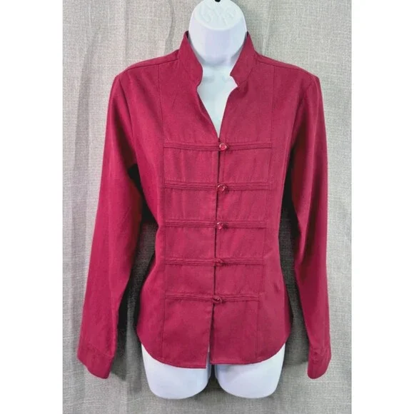 Dress Barn Women's Sueded Button Down Shirt Size M Red Asian Style Military - Picture 1 of 9